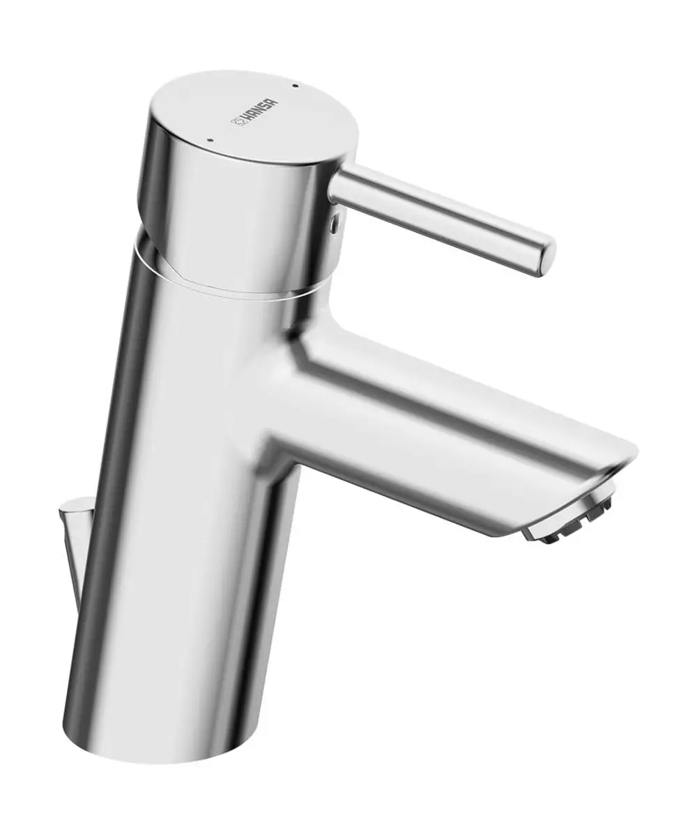 Einhebelmischer für Waschtische, aus verchromtem Metall, mit einem Hebel zur Wassersteuerung. Hersteller ist Hansa.